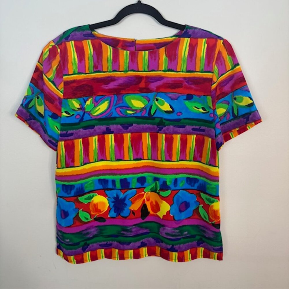 Vintage Jordana Short Sleeve Blouse Colorful Floral Size Medium 90's